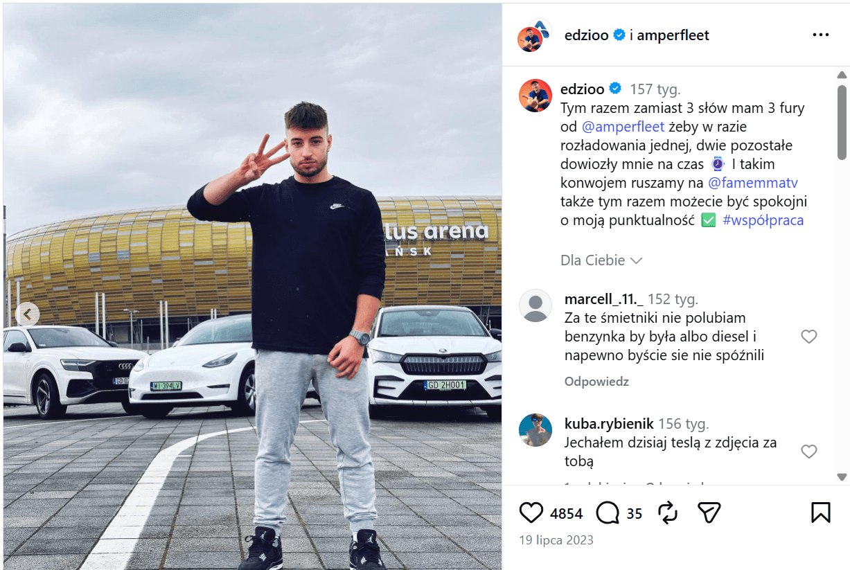 Zrzut ekranu publikacji na Instagramie — 4854 polubienia, 35 komentarzy